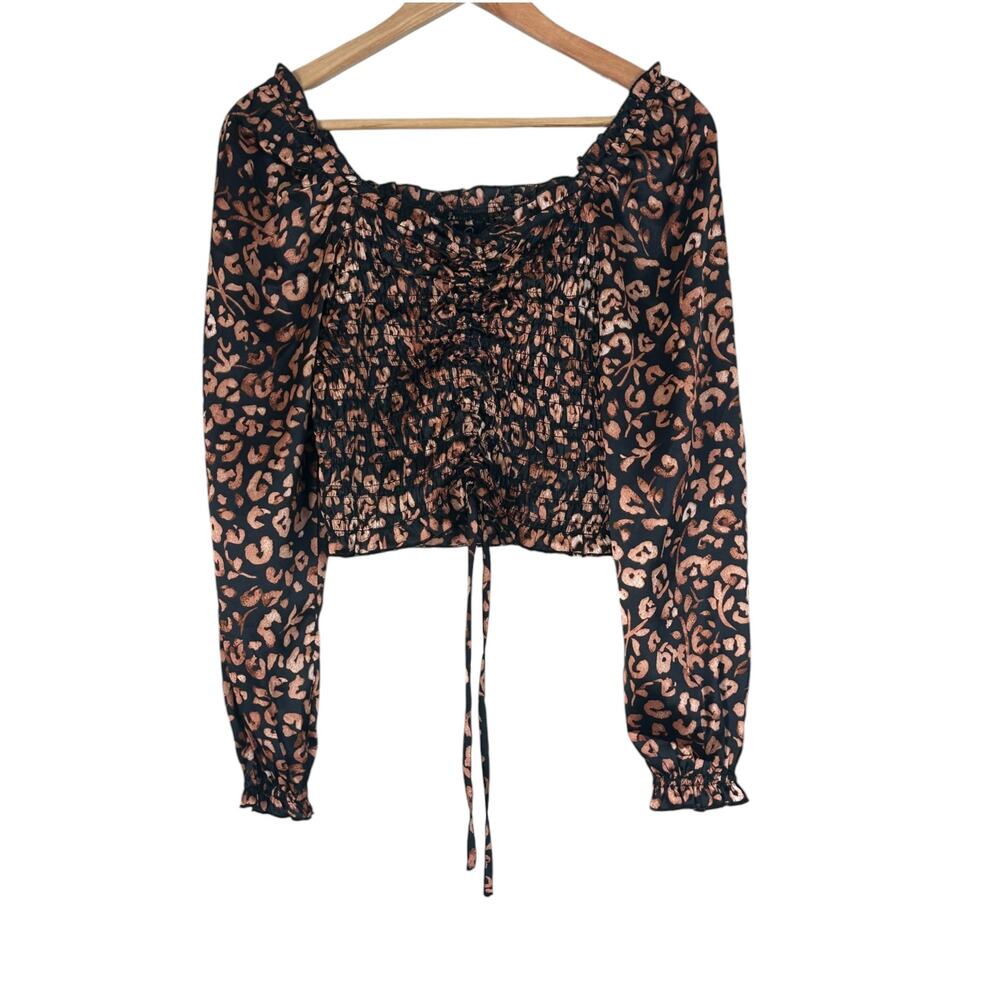 Japna Top Womens S Black Brown Satin Smocked Animal Print Y2K Boho Coquette